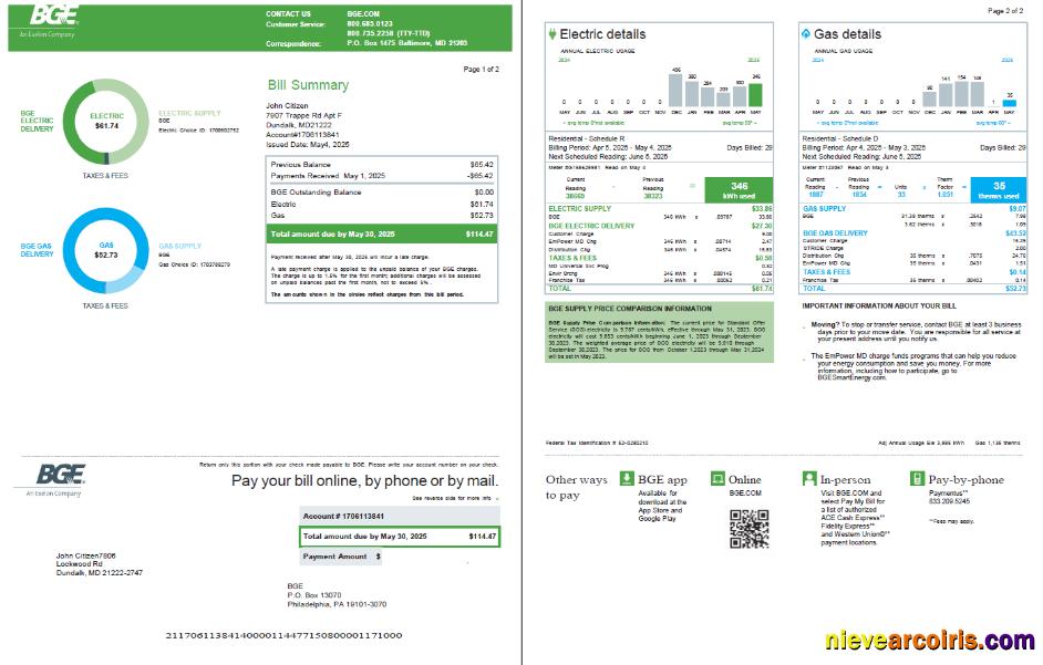 United Kingdom BGE Company utility bill, 2 pages